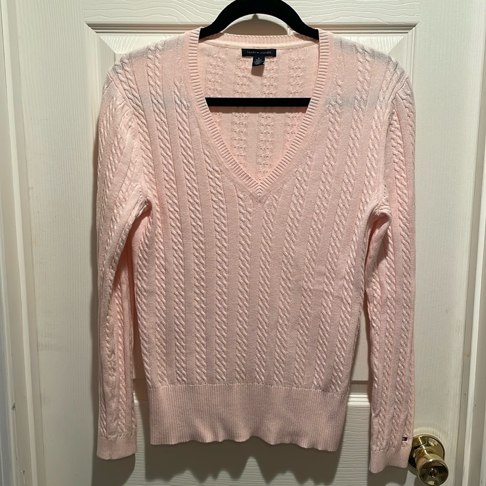 Tommy Hilfiger cable knit V neck cotton sweater